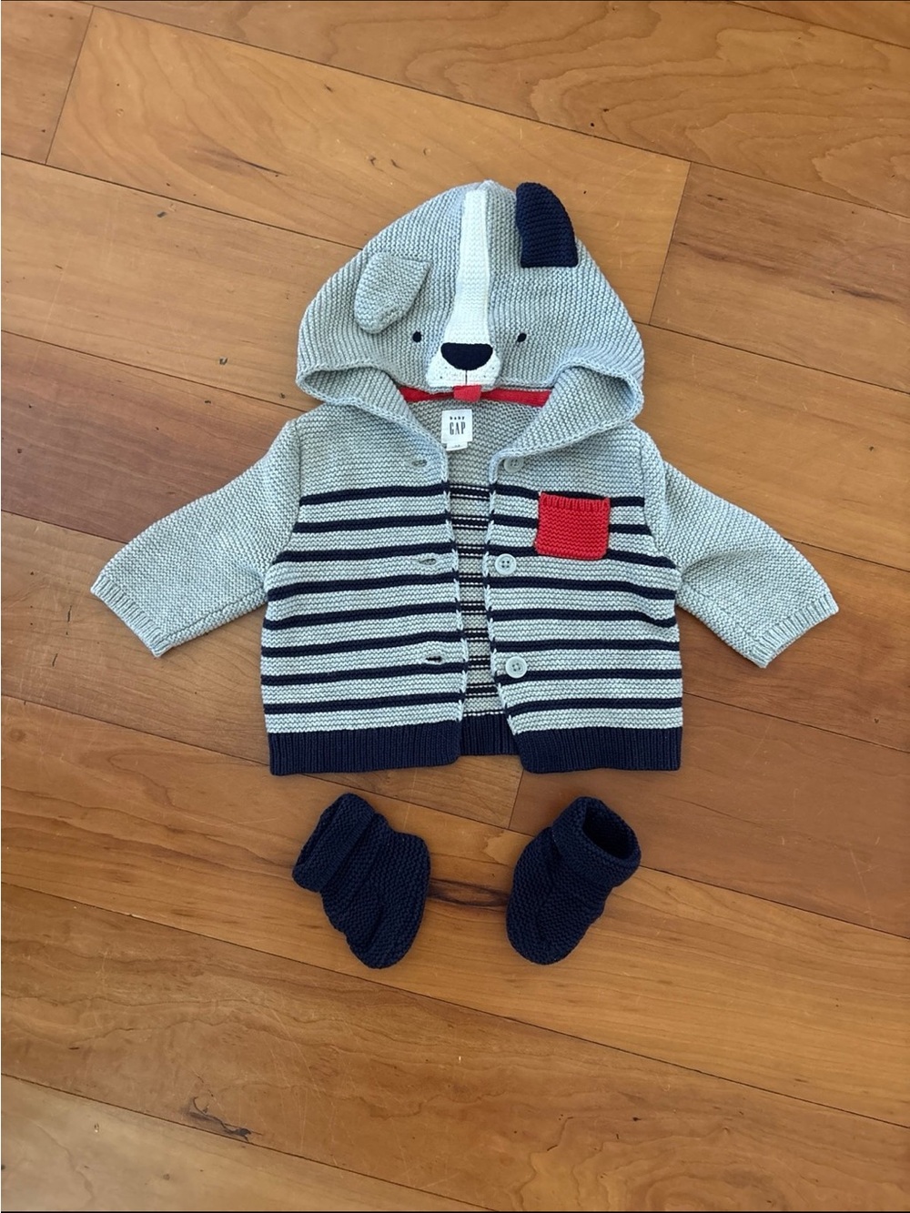 GAP Gray & Navy Striped Hooded Cardigan with Red Pocket